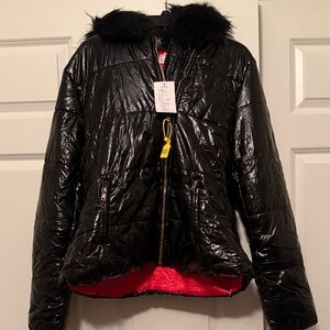 NWT Elegant Black Puffer Jacket with Faux Fur Trim